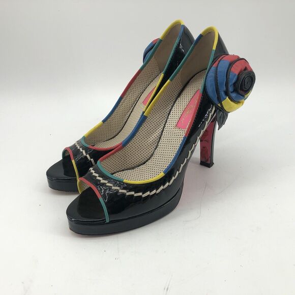 Betsey Johnson Black Womens 7.5 Open Peep Toe High Heels Shoes Multicolor Floral - Picture 12 of 16